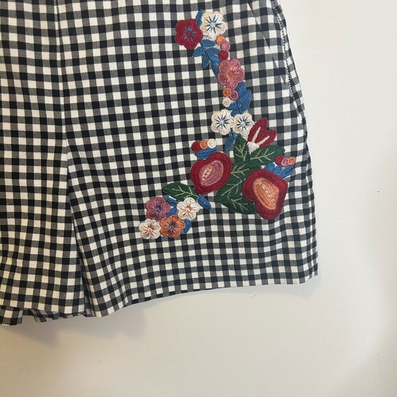 Zara Woman Black White Gingham Floral Shorts Hot Pants Embroidery Sz L High Rise - Picture 4 of 8